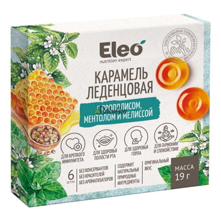  Pastilky karamelové  s propolisom, mentolom a medovkou 19 g Eleo